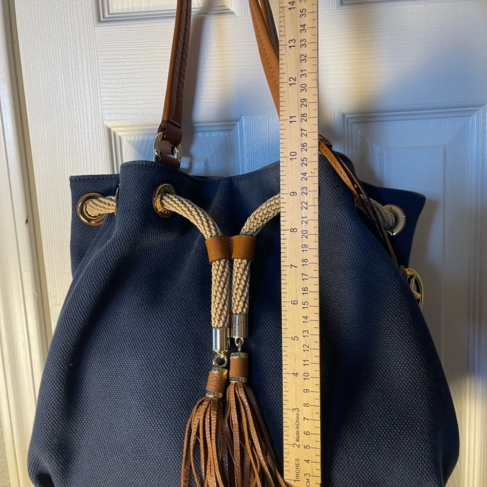 Michael Kors Navy Blue/Brown Canvas Marina Drawstring Tote - Picture 8 of 9